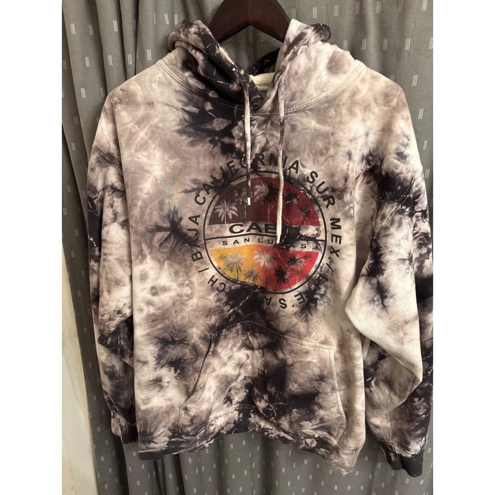 Fashion Nova Men Cabo San Lucas Tie Dye Hoodie Black White Graphic Pullover LG